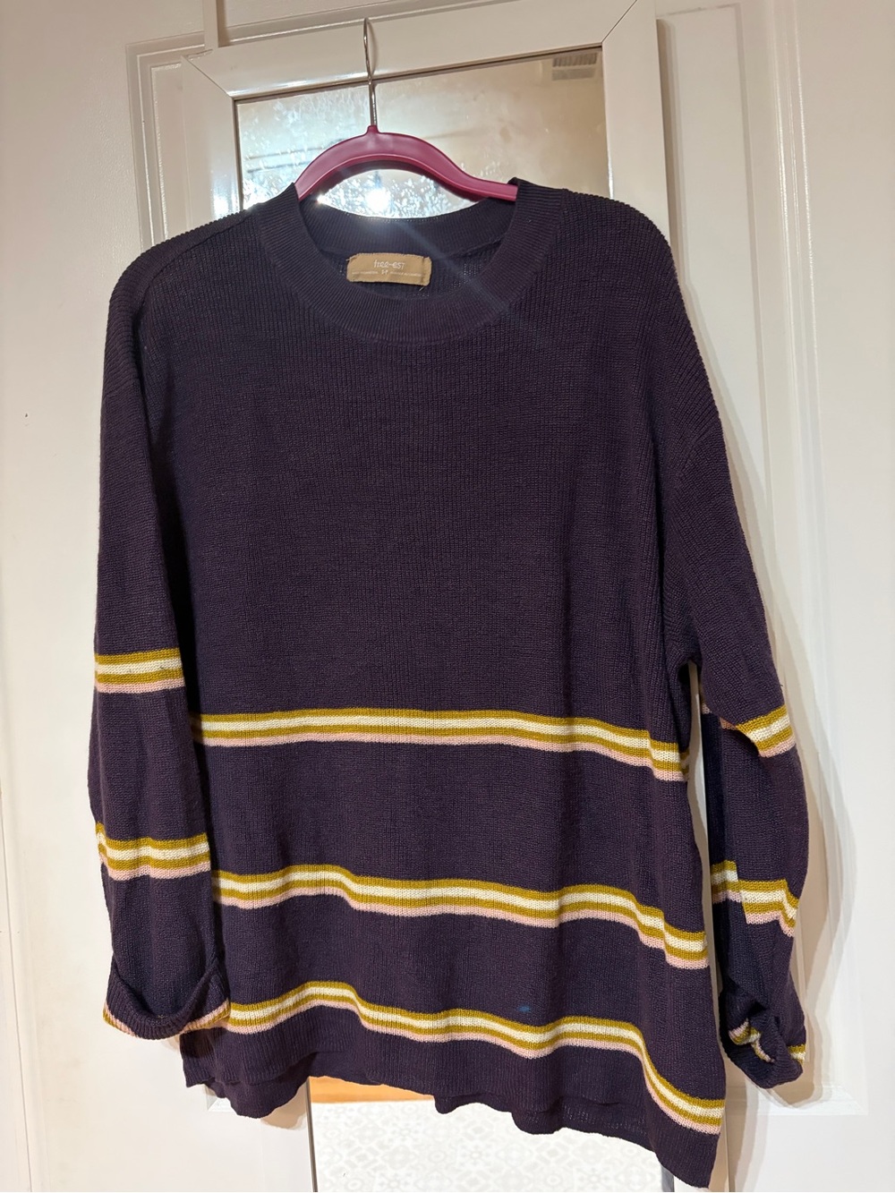 Women’s Crewneck Sweater in Dark Purple with Yellow & Cream Stripes